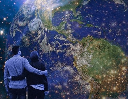 A Couple in space staring at the Earth - picture for where worlds collide dementia course