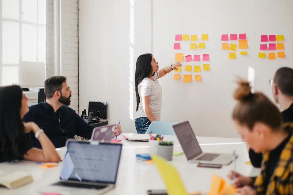 Woman teaching her team about organisational development on the whiteboard - four stages of organisational development image