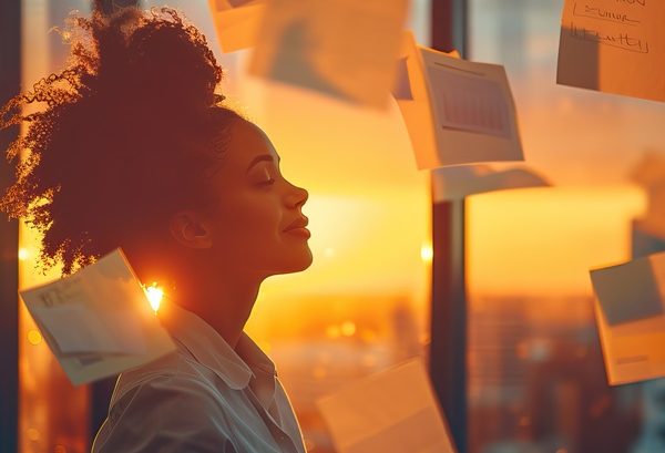 Person looking calm whilst papers fly around them with a sunset behind. Compassion Fatigue and Burnout training