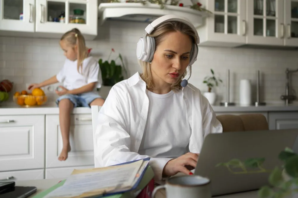 mother working from home doing the level 2 adult social care certificate